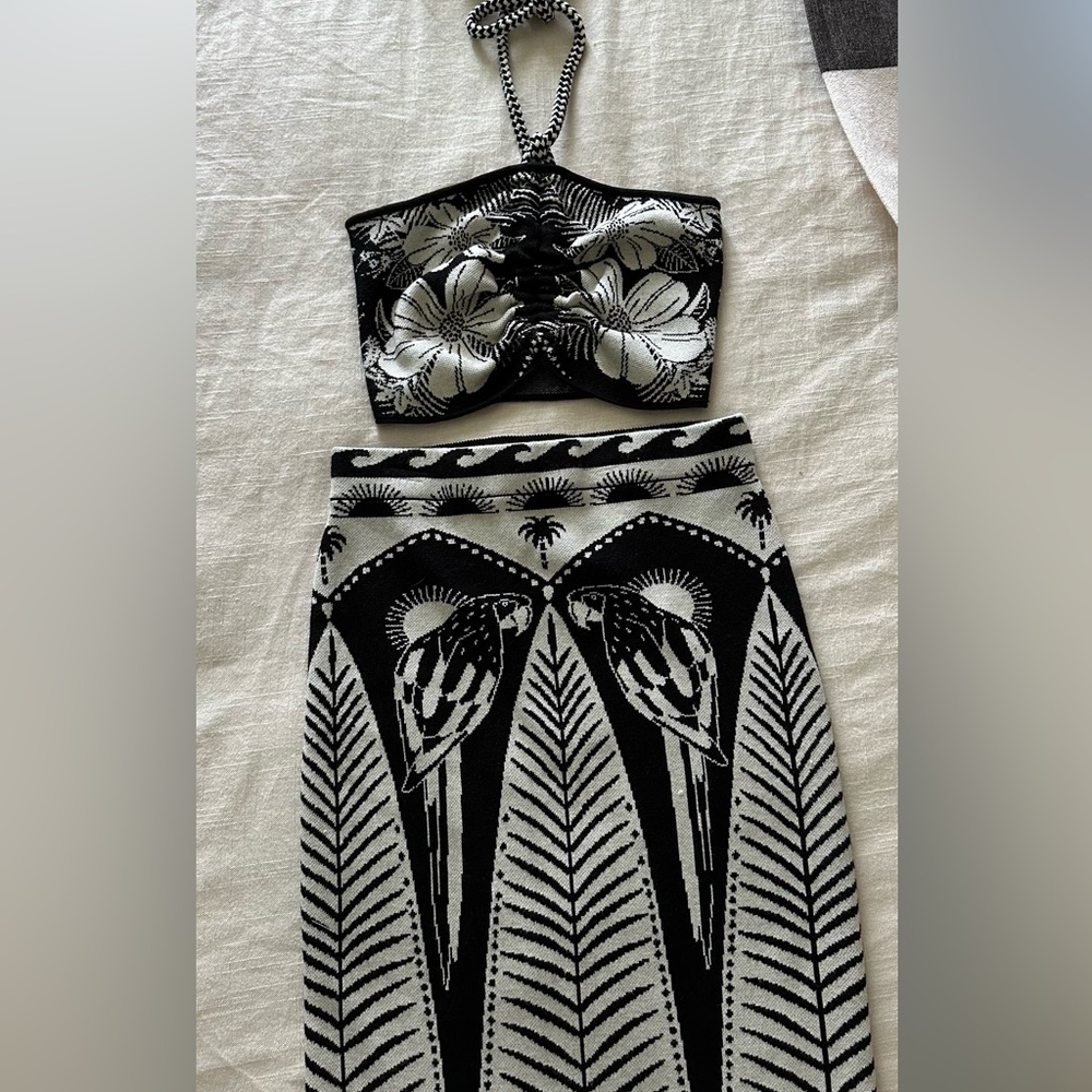 Farm Rios signature print, The Black Macaw,  Elegance Knit Top & skirt.